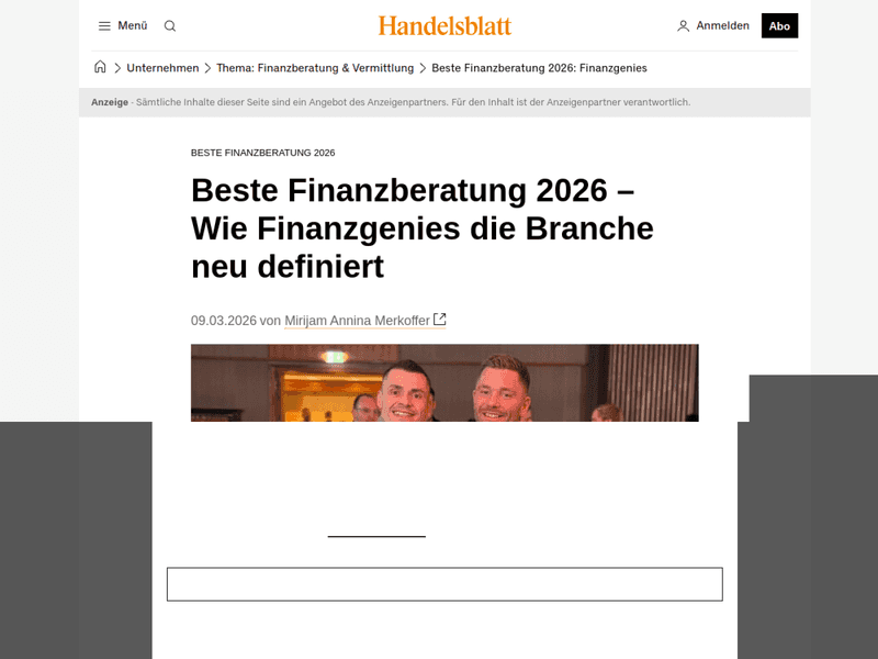 Vorschau des Handelsblatt-Beitrags zur besten Finanzberatung 2026